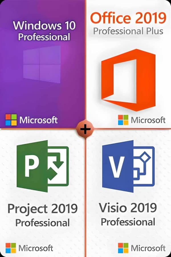 Microsoft Windows 10 Professional + Microsoft Visio 2019 Professional + Microsoft Project 2019 Professional + Microsoft Office 2019 Professional Plus License for 3 devices